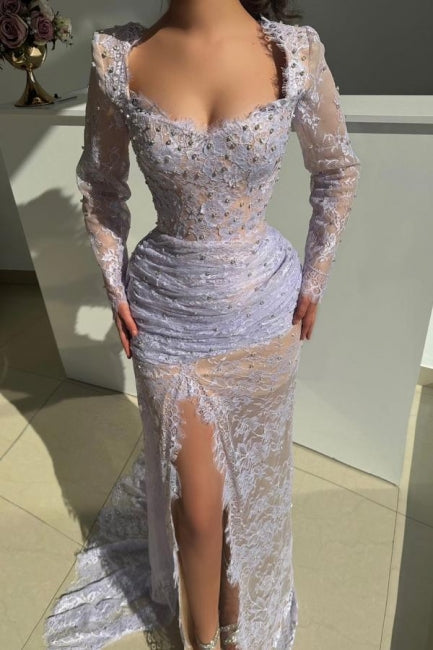 Dreamyannie Lilac Prom Dress Mermaid Square Lace Beaded Sleeves Formal Dress With Slit