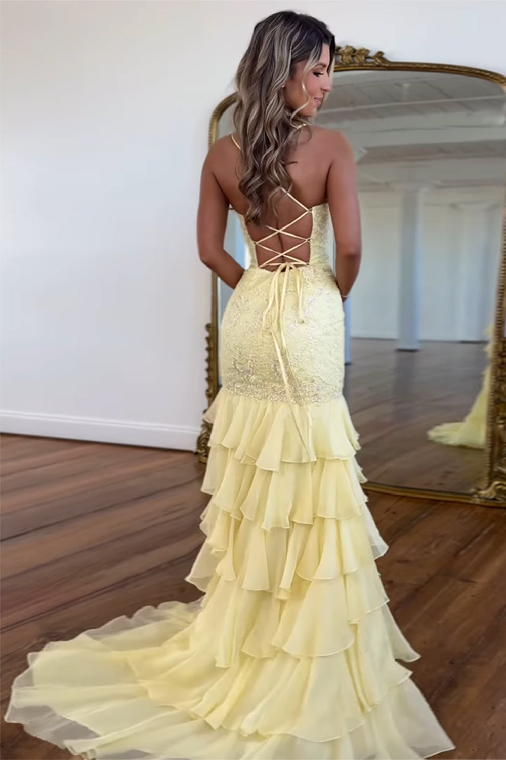 Dreamyannie Lilac Prom Dress Ruffled Lace Formal Dress With Slit