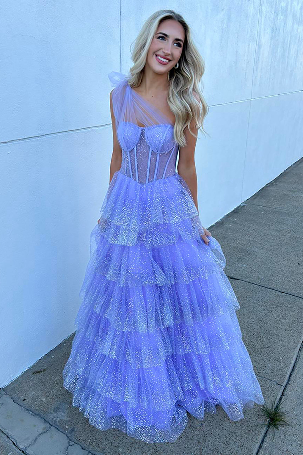 Dreamyannie Lilac Prom Dress Tiered A-Line One Shoulder Long Formal Dress