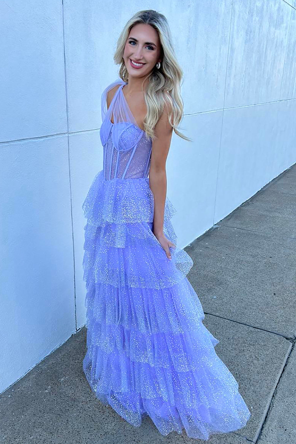 Dreamyannie Lilac Prom Dress Tiered A-Line One Shoulder Long Formal Dress