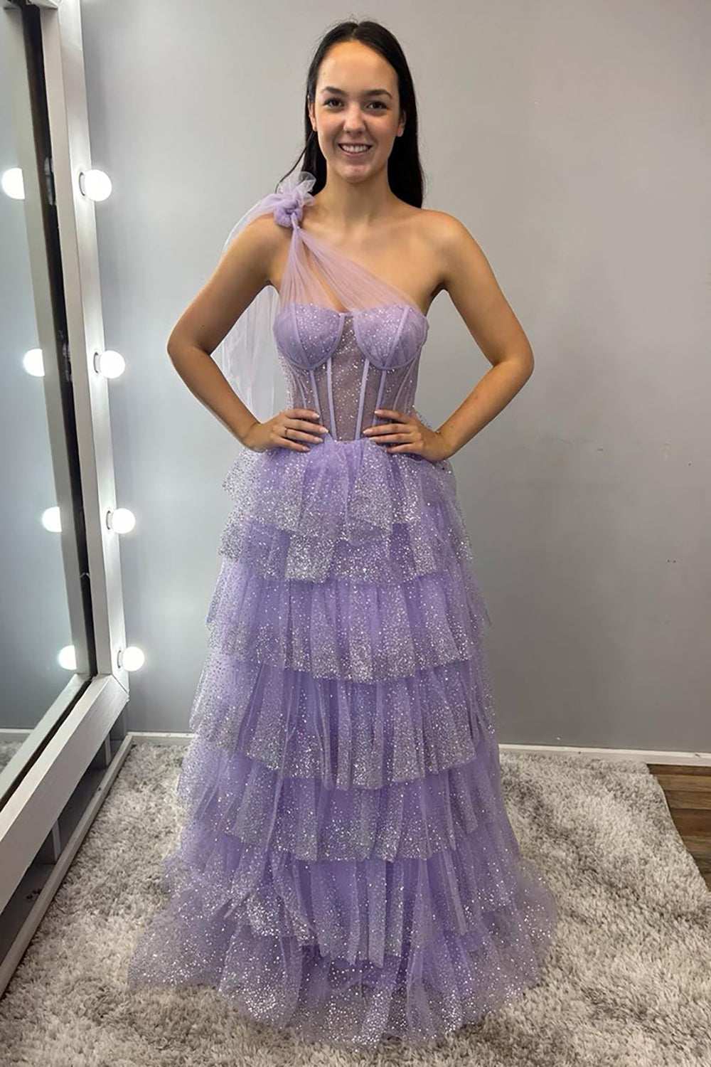 Dreamyannie Lilac Prom Dress Tiered A-Line One Shoulder Long Formal Dress
