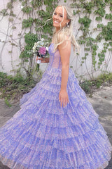 Dreamyannie Lilac Prom Dress Tiered A-Line Spaghetti Straps Long Formal Dress With Slit
