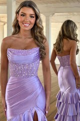 Dreamyannie Lilac Prom Dress Tiered Mermaid Long Corset Formal Dress With Slit