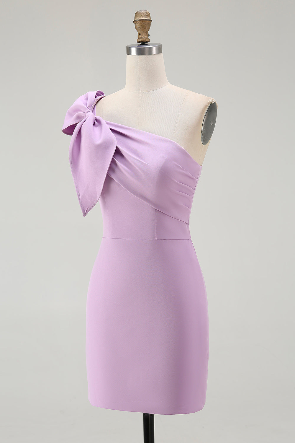 Lilac One Shoulder Ruched Satin Bodycon Short Homecoming Dress with Bow