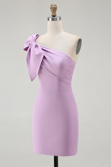 Lilac One Shoulder Ruched Satin Bodycon Short Homecoming Dress with Bow