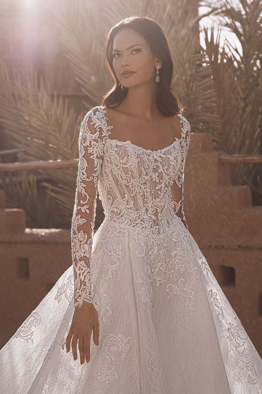 Dreamyannie Long Sleeve Wedding Dress Tulle A Line Bridal Gown