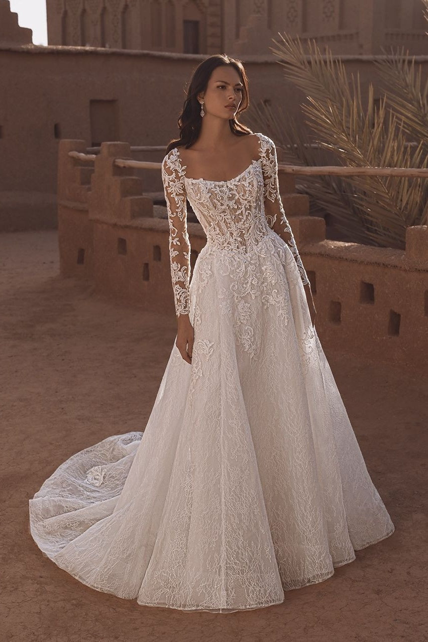 Dreamyannie Long Sleeve Wedding Dress Tulle A Line Bridal Gown