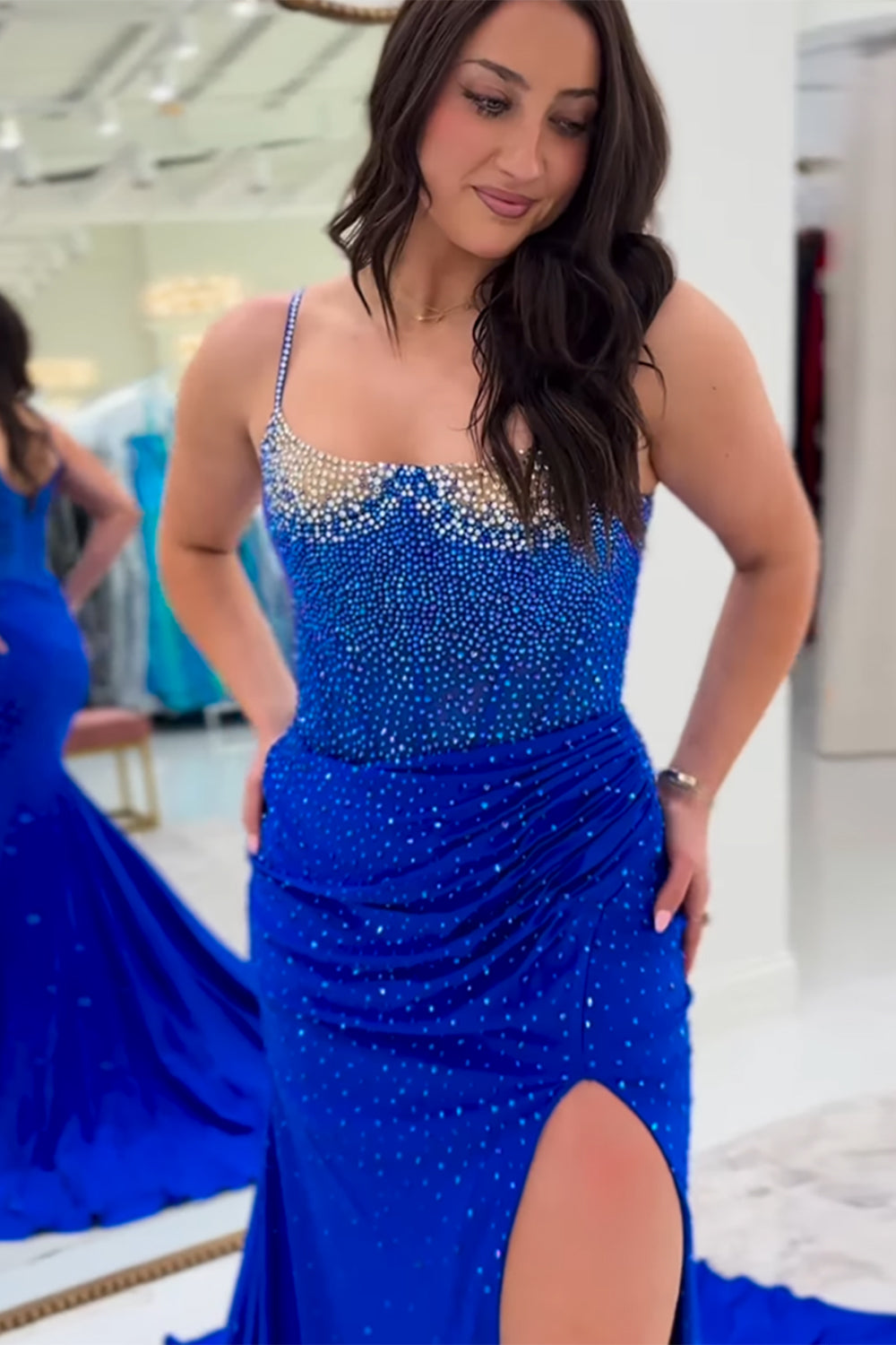 Dreamyannie Mermaid Black Prom Dress Spaghetti Straps Corset Long Formal Dress With Slit