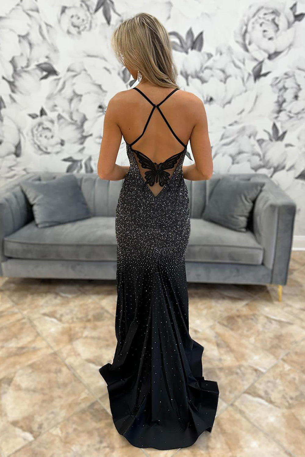 Dreamyannie Mermaid Black Prom Dress Spaghetti Straps Long Formal Dress
