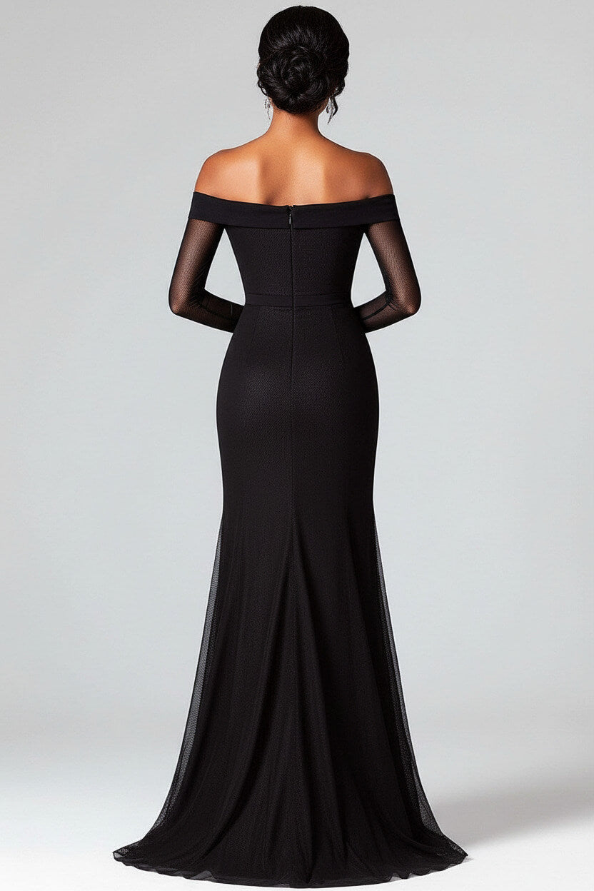 Dreamyannie Mermaid Black Wedding Guest Dress Off The Shoulder Formal Dress With Mesh Long Sleeves
