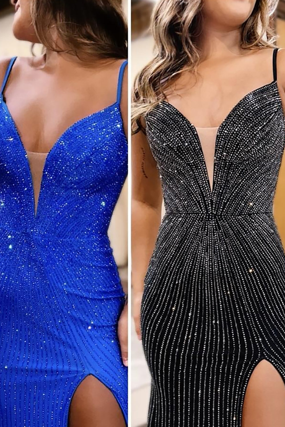 Dreamyannie Mermaid Blue Prom Dress Spaghetti Straps Long Formal Dress With Slit