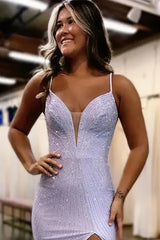 Dreamyannie Mermaid Blue Prom Dress Spaghetti Straps Long Formal Dress With Slit