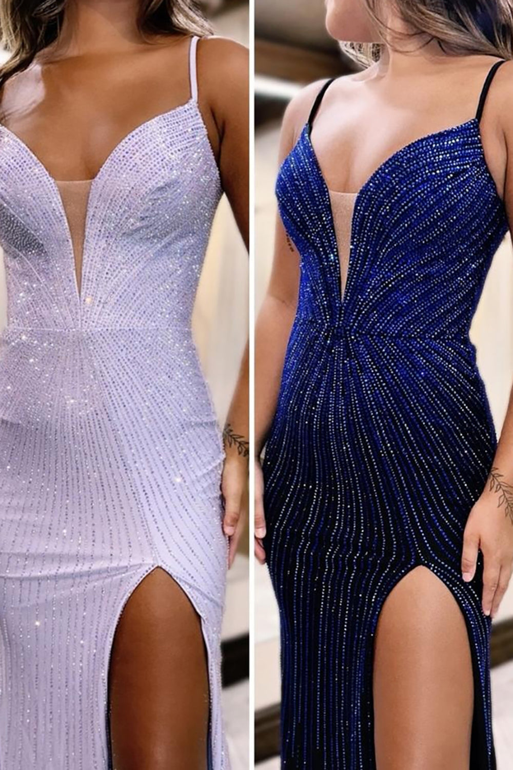 Dreamyannie Mermaid Blue Prom Dress Spaghetti Straps Long Formal Dress With Slit