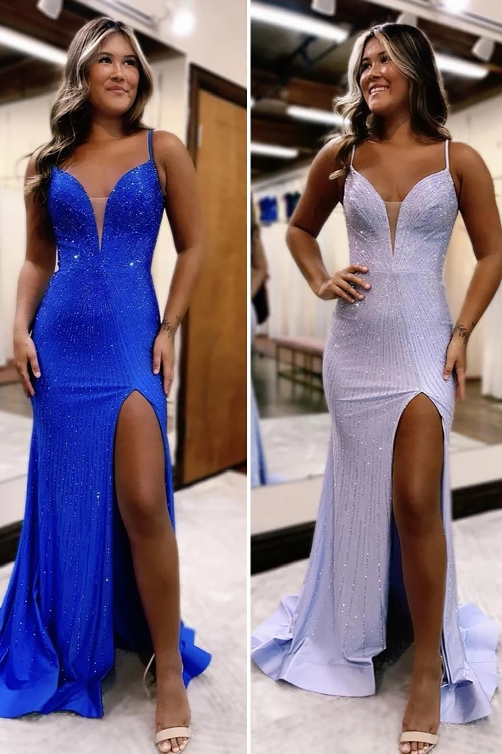 Dreamyannie Mermaid Blue Prom Dress Spaghetti Straps Long Formal Dress With Slit