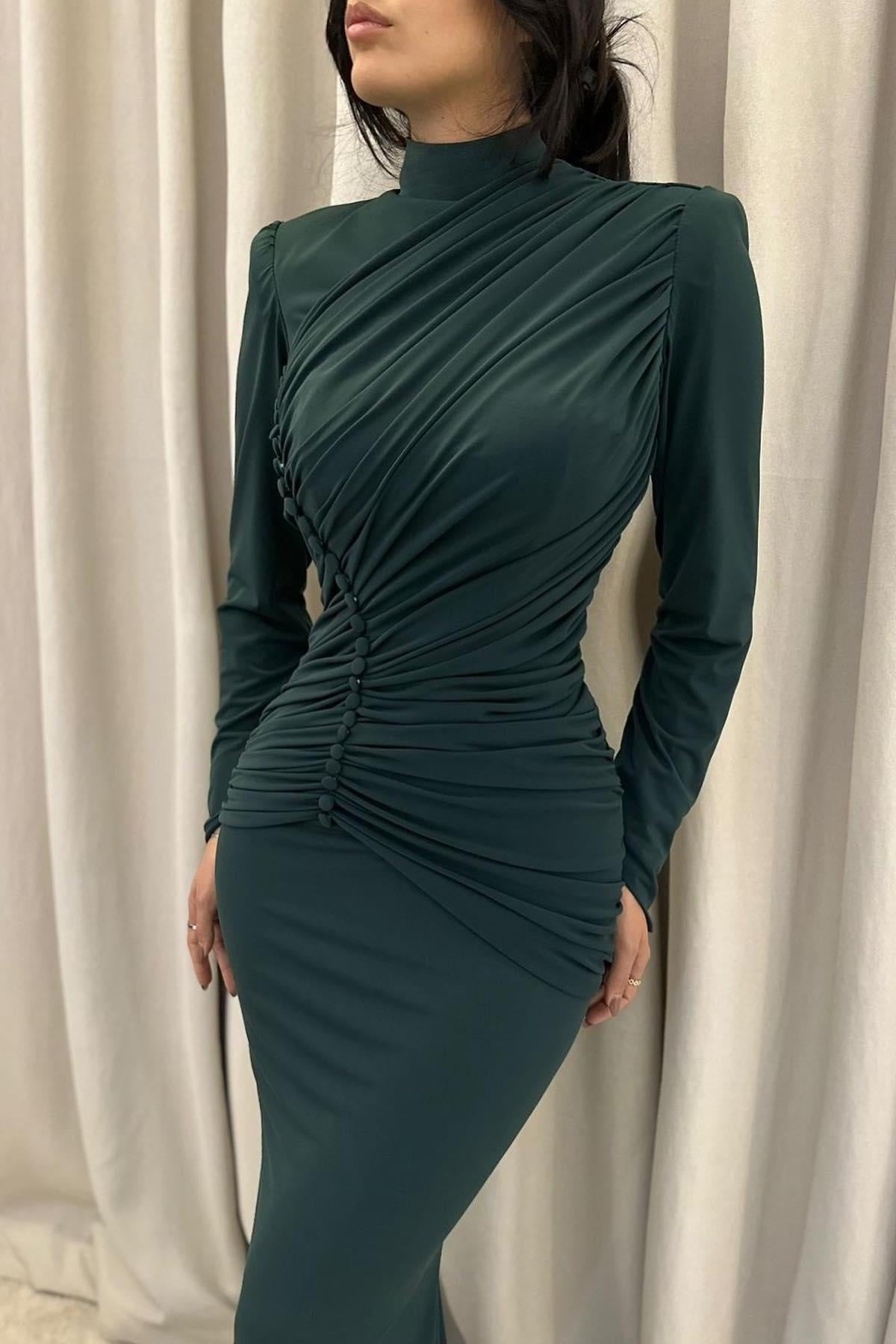 Dreamyannie Mermaid Formal Dress Satin High Neck Long Sleeve Evening Dress