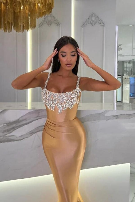 Dreamyannie Mermaid Gold Prom Dress Sleeveless Jewel Formal Dress With Glitter