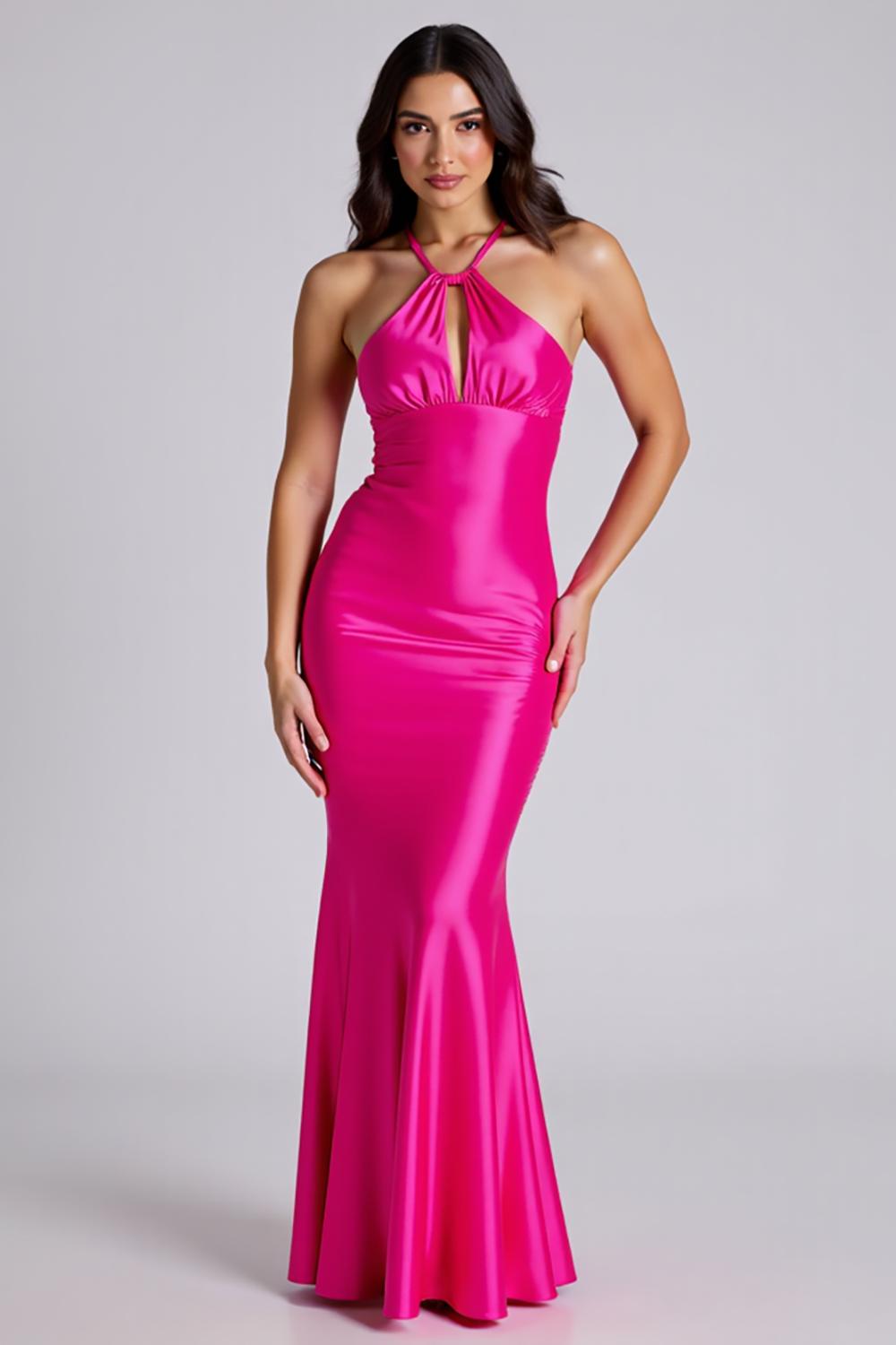Dreamyannie Mermaid Halter Fuchsia Wedding Guest Dress Satin Long Formal Dress