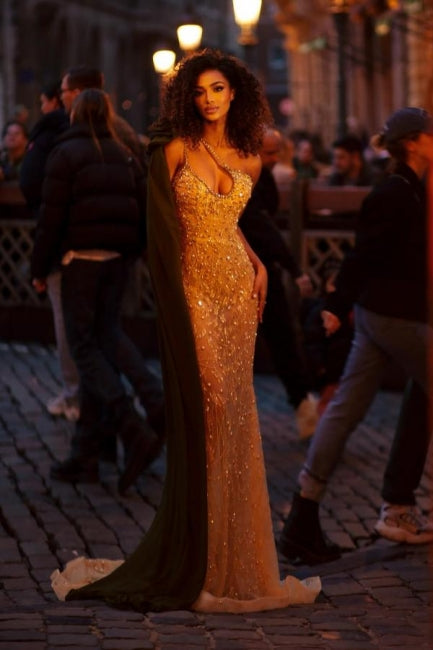 Dreamyannie Mermaid Halter Prom Dress Asymmetrical Beaded Formal Dress With Rhinestone