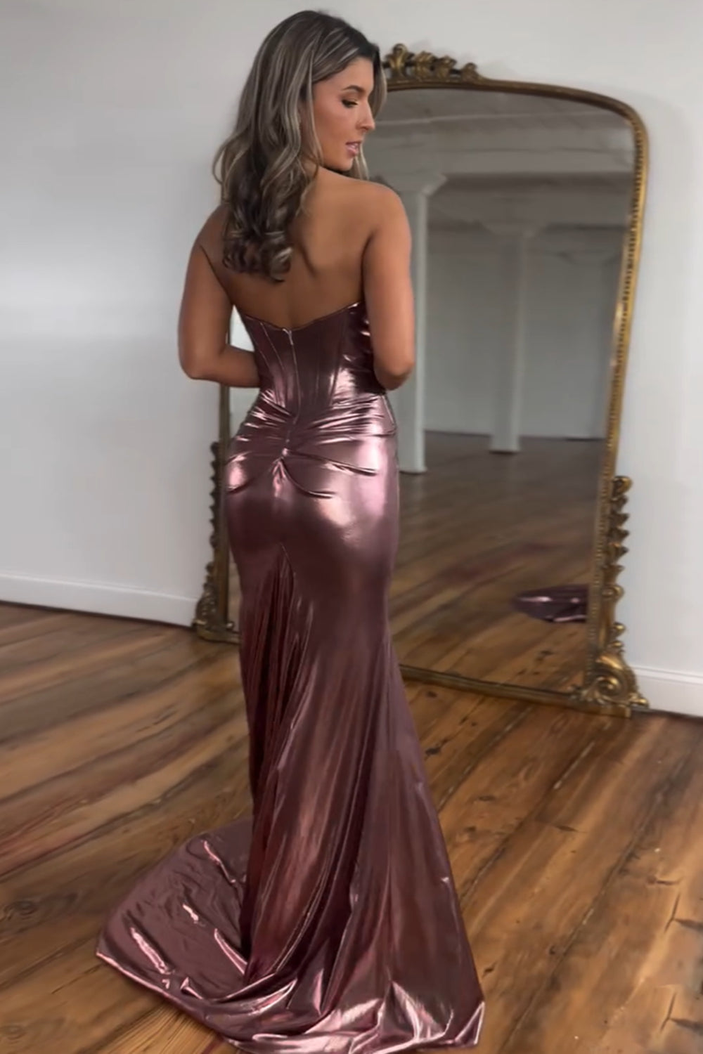 Dreamyannie Mermaid Metallic Dark Purple Prom Dress Strapless Long Formal Dress With Slit