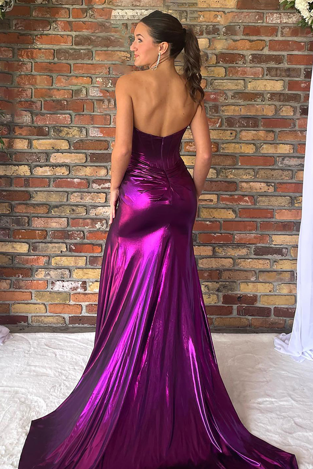 Dreamyannie Mermaid Metallic Dark Purple Prom Dress Strapless Long Formal Dress With Slit