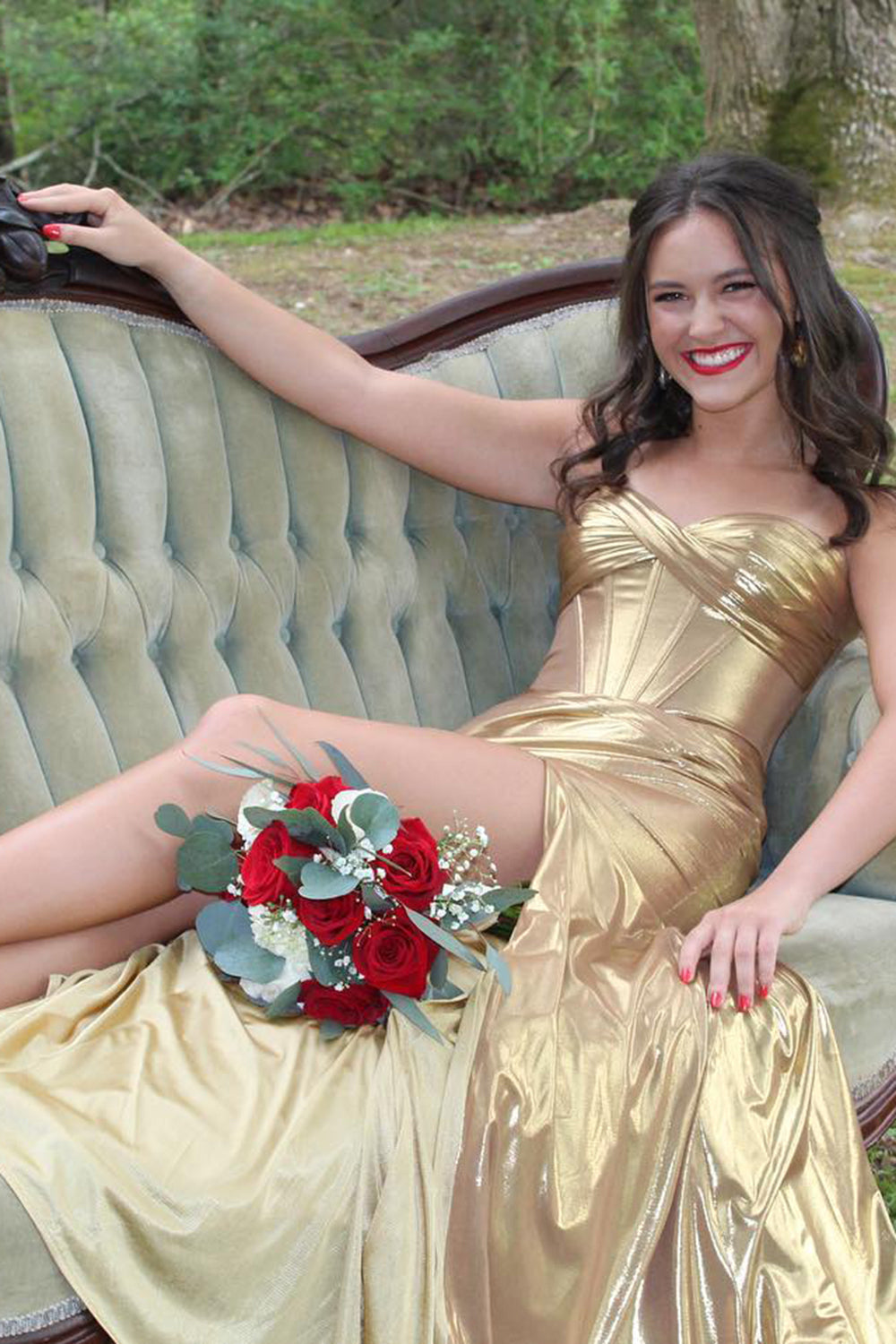 Dreamyannie Mermaid Metallic Turquoise Prom Dress Strapless Long Formal Dress With Slit