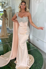 Dreamyannie Mermaid One Shoulder Beading Sleeveless Formal Dress