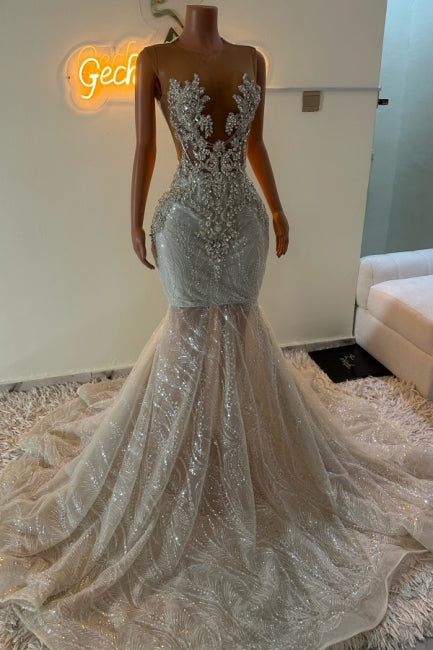 Dreamyannie Mermaid Prom Dress Beaded Sleeveless Sweep Train Tulle Formal Dress