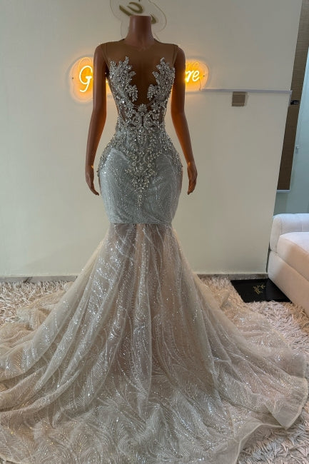 Dreamyannie Mermaid Prom Dress Beaded Sleeveless Sweep Train Tulle Formal Dress