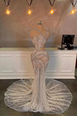 Dreamyannie Mermaid Prom Dress One Shoulder Beading Sequined Sleeveless Formal Dress