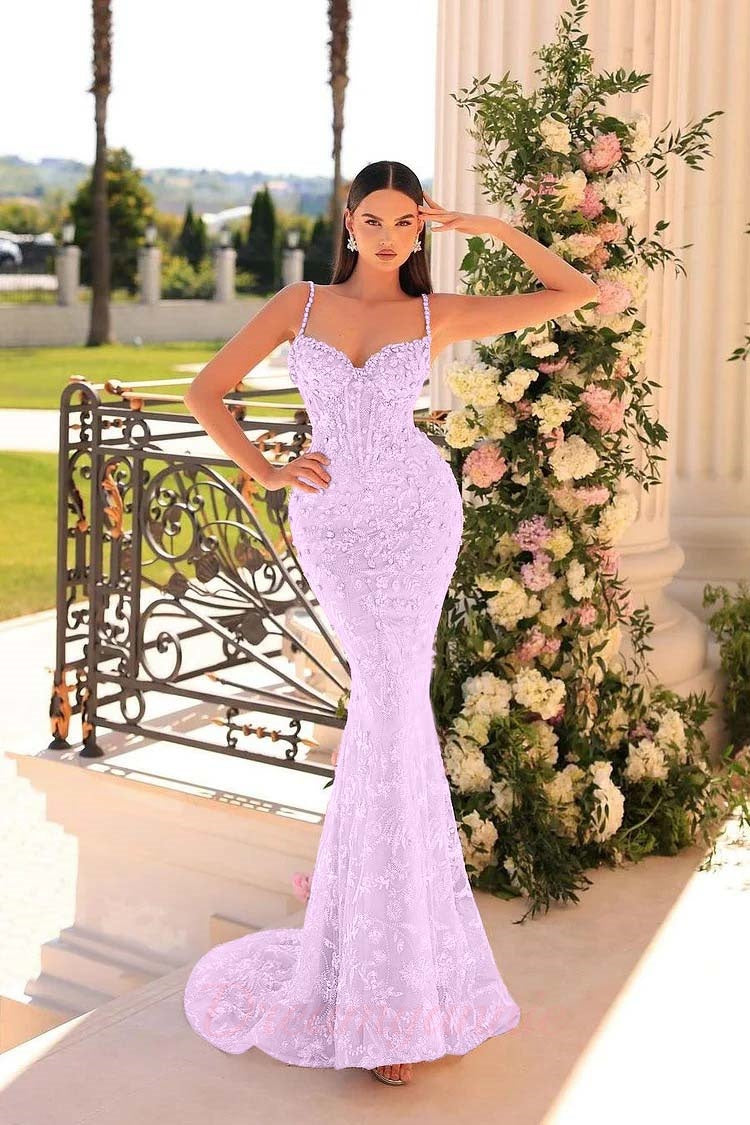Dreamyannie Mermaid Prom Dress Spaghetti Straps Lace Beading Sleeveless Formal Dress