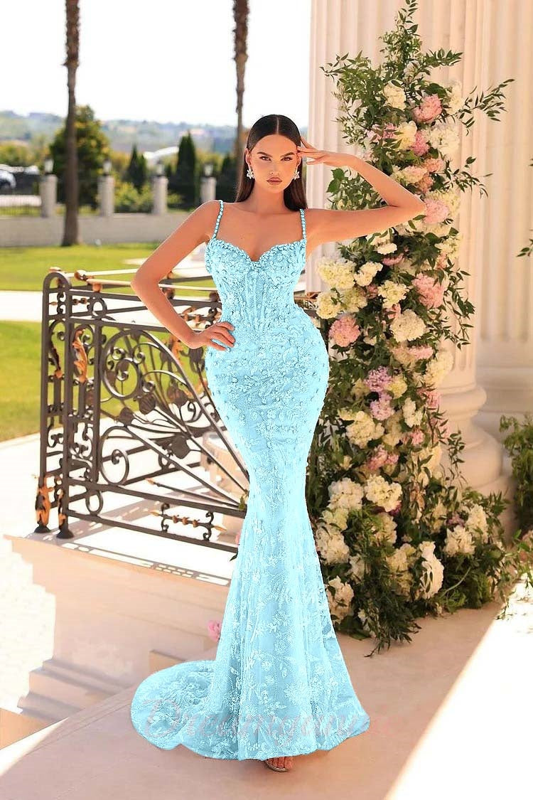 Dreamyannie Mermaid Prom Dress Spaghetti Straps Lace Beading Sleeveless Formal Dress