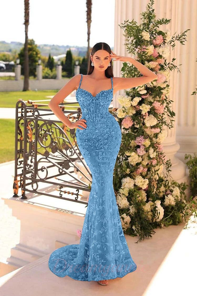 Dreamyannie Mermaid Prom Dress Spaghetti Straps Lace Beading Sleeveless Formal Dress