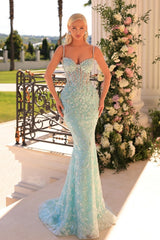 Dreamyannie Mermaid Prom Dress Spaghetti Straps Lace Beading Sleeveless Formal Dress