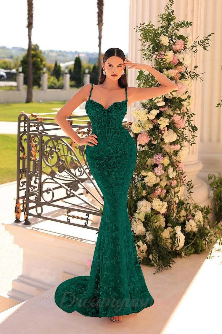 Dreamyannie Mermaid Prom Dress Spaghetti Straps Lace Beading Sleeveless Formal Dress