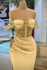 Dreamyannie Mermaid Prom Dress Sweetheart Off The Shoulder Beaded Floor Length Formal Dress With High Slit