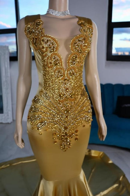 Dreamyannie Mermaid Satin Prom Dress V Neck Sleeveless Yellow Formal Dress With Beading