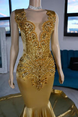 Dreamyannie Mermaid Satin Prom Dress V Neck Sleeveless Yellow Formal Dress With Beading