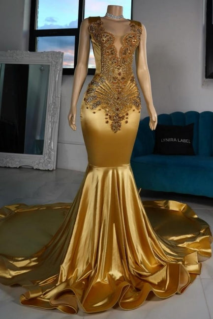 Dreamyannie Mermaid Satin Prom Dress V Neck Sleeveless Yellow Formal Dress With Beading