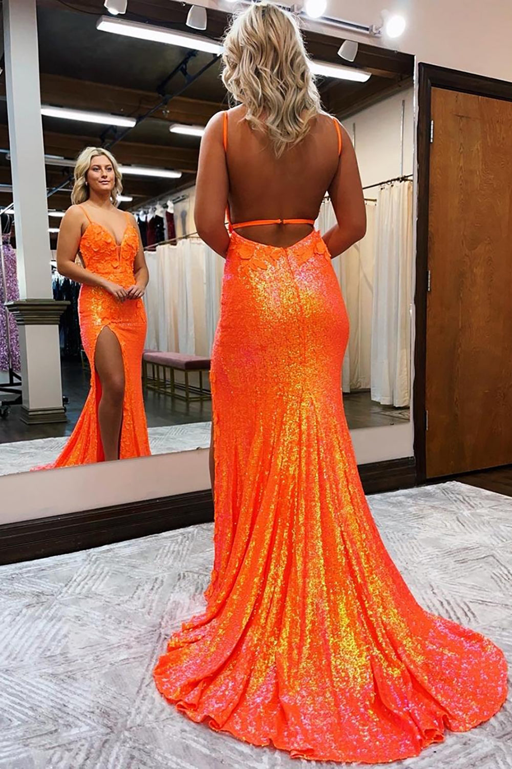 Dreamyannie Mermaid Spaghetti Straps Orange Prom Dress Formal Dress With 3D Flowers