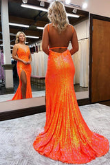Dreamyannie Mermaid Spaghetti Straps Orange Prom Dress Formal Dress With 3D Flowers