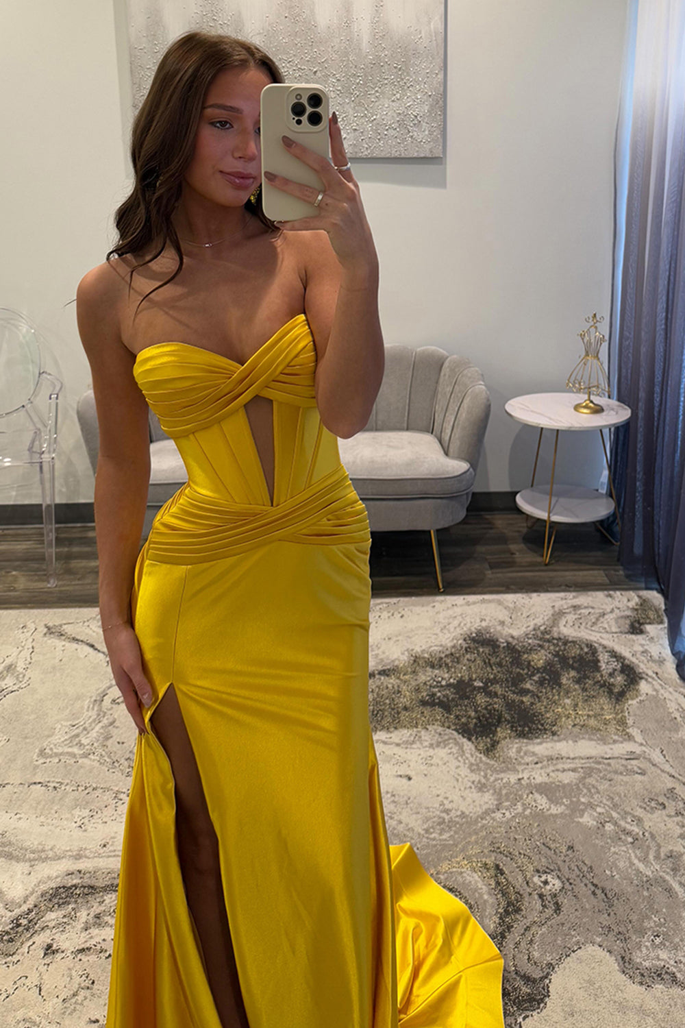 Dreamyannie Mermaid Yellow Prom Dress Sweetheart Long Formal Dress With Slit