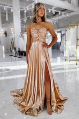 Dreamyannie Metallic Gold Prom Dress A Line Spaghetti Straps Formal Dress With Slit
