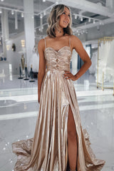 Dreamyannie Metallic Gold Prom Dress A Line Spaghetti Straps Formal Dress With Slit
