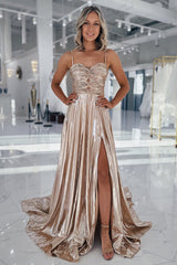 Dreamyannie Metallic Gold Prom Dress A Line Spaghetti Straps Formal Dress With Slit