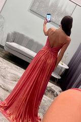 Dreamyannie Metallic Orange Prom Dress A Line Spaghetti Straps Formal Dress