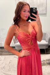 Dreamyannie Metallic Orange Prom Dress A Line Spaghetti Straps Formal Dress