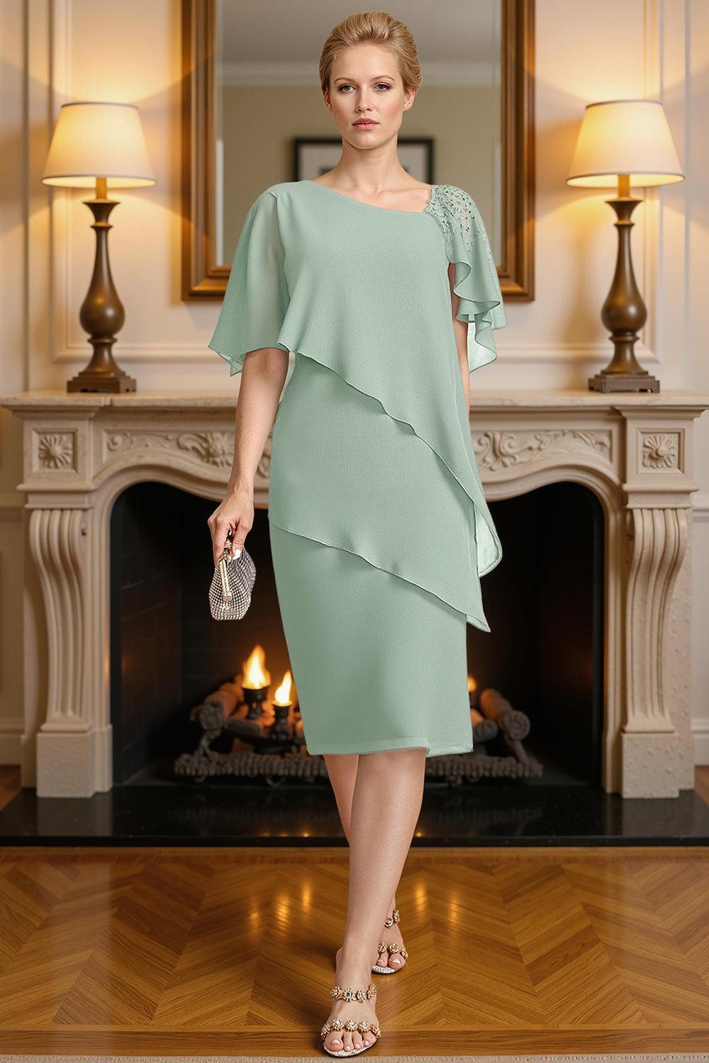 Dreamyannie Mint Green Bodycon Knee Length Mother Of The Bride Dress With Beading