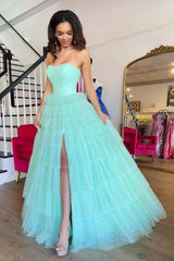 Dreamyannie Mint Prom Dress A-Line Sweetheart Tiered Long Formal Dress With Slit