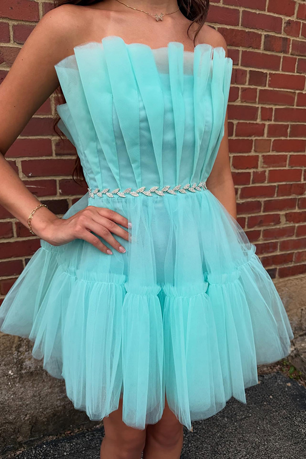 Dreamyannie Mint Ruched A Line Homecoming Dresses Ruffled Strapless Short Cocktail Dresses