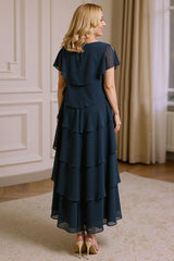 Dreamyannie Navy A Line Boat Neck Tiered Tea Length Mother Of The Bride Dress